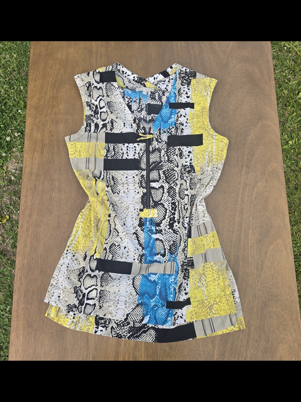 Joan Vass Yellow, Blue, Black & White Snake Print Sleeveless Top